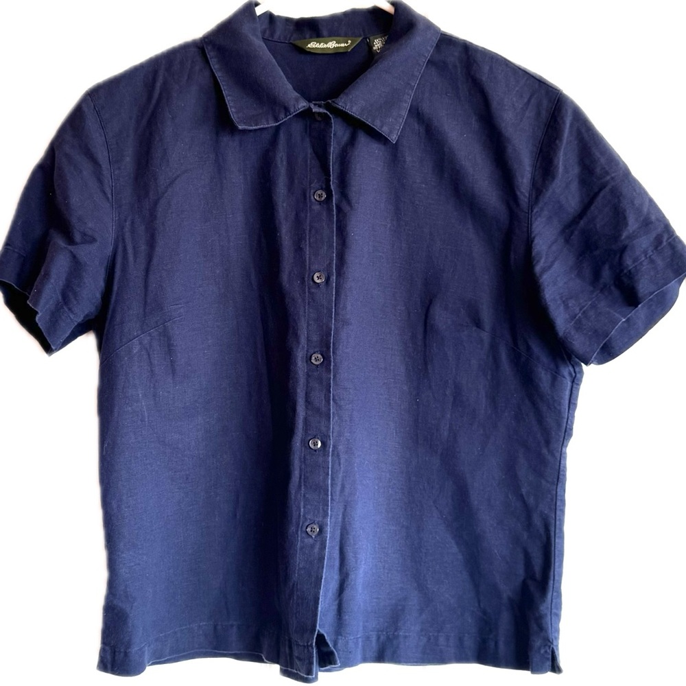 Eddie Bauer Women’s Linen Cotton Navy Blue Short Sleeve Button-Up Shirt | Size M